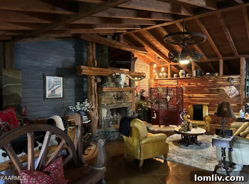 Eclectic living room with multiple wagon wheels and rustic clutter
