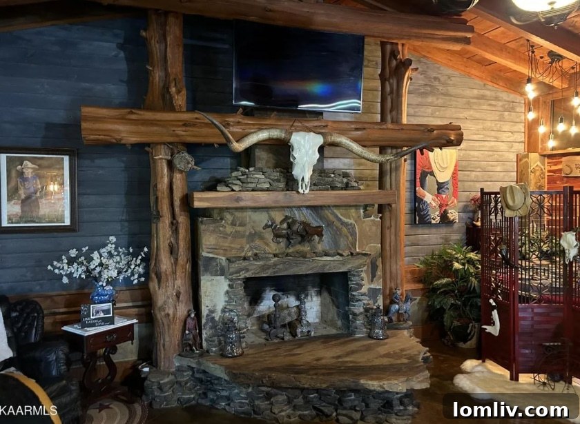 Detailed view of rustic decor with longhorn skull, jagged rocks, and 'Live, Laugh, Love' sign