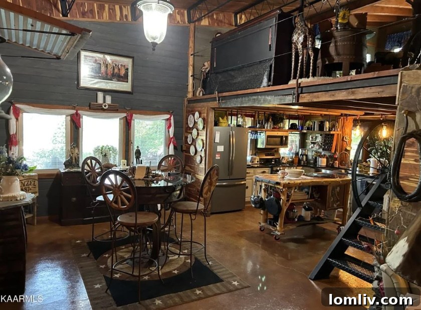 Dining area featuring multiple wagon wheel chairs, a wagon wheel table, and staircase decor