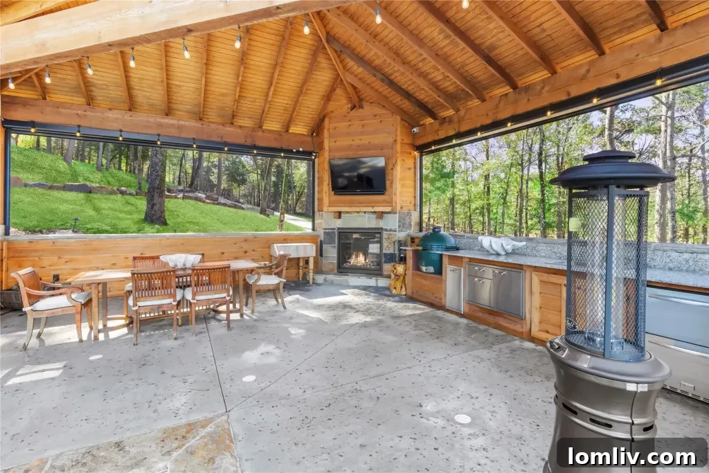 Luxurious outdoor kitchen area next to the pool at Frogs Lakehouse, featuring granite countertops, built-in sink, beverage drawers, and a Green Egg smoker.