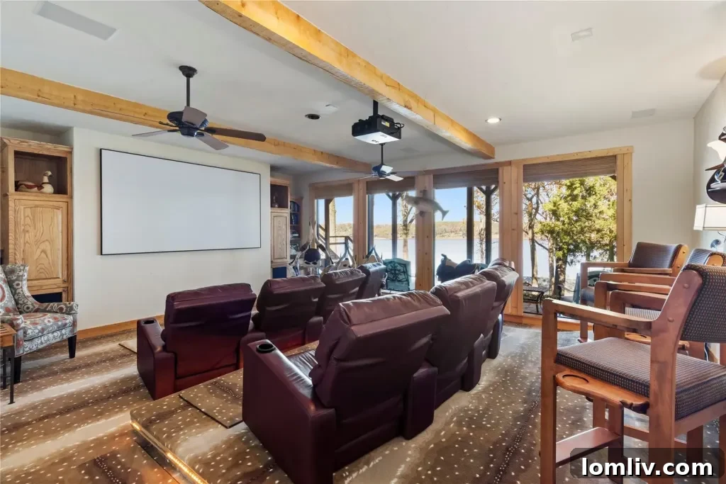 Three-stall boathouse on Lake Cypress Springs with multiple boat slips and an upper deck designed for lounging, dining, and entertainment, offering direct lake access.
