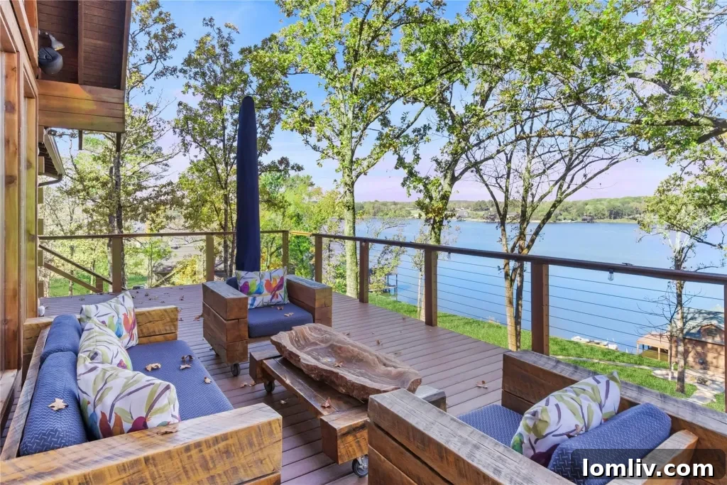 Elegant dining area with panoramic lake views, showcasing the seamless flow of the open-concept design and abundant natural light.