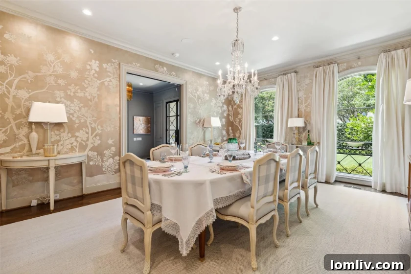 Formal dining room featuring bespoke Gracie wallpaper, an elegant chandelier, and seating for refined entertaining in the Pridham home.