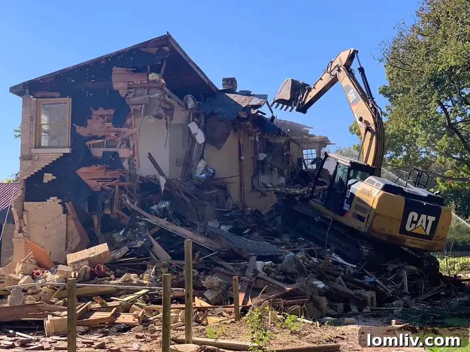 Demolition in progress of the iconic Clifford D. Hutsell home on Lakewood Blvd in Dallas, Texas.
