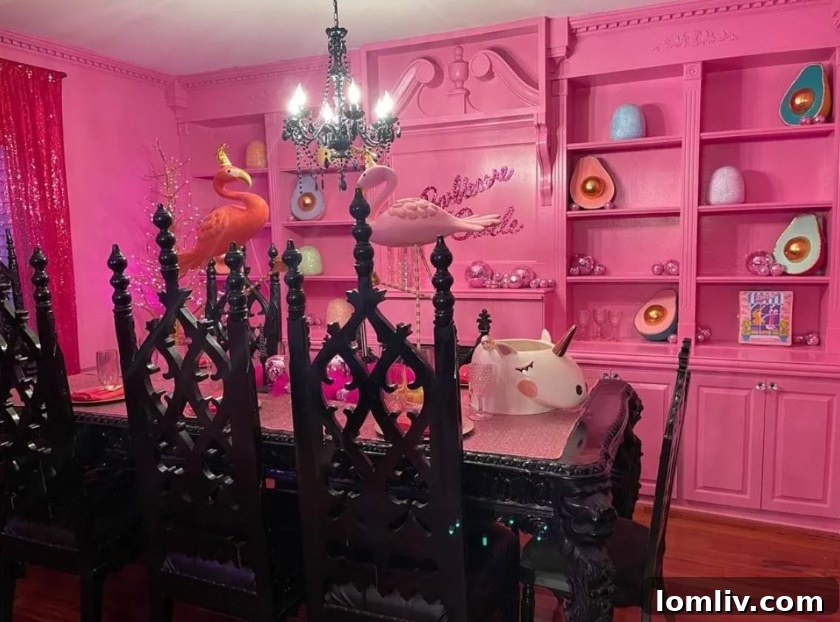Wisconsin's One-of-a-Kind Pepto Pink Goth Barbie Dreamhouse For Sale 11 Unicorn horn detail and sharp-edged chairs in the dining space