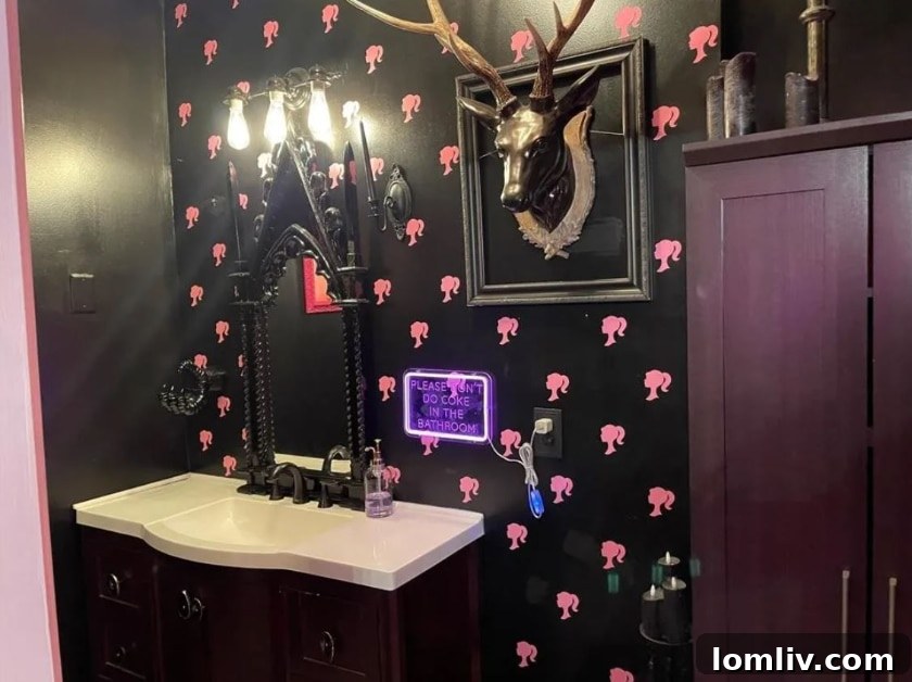 Wisconsin's One-of-a-Kind Pepto Pink Goth Barbie Dreamhouse For Sale 12 Powder room with a neon sign in the Goth Barbie Dreamhouse