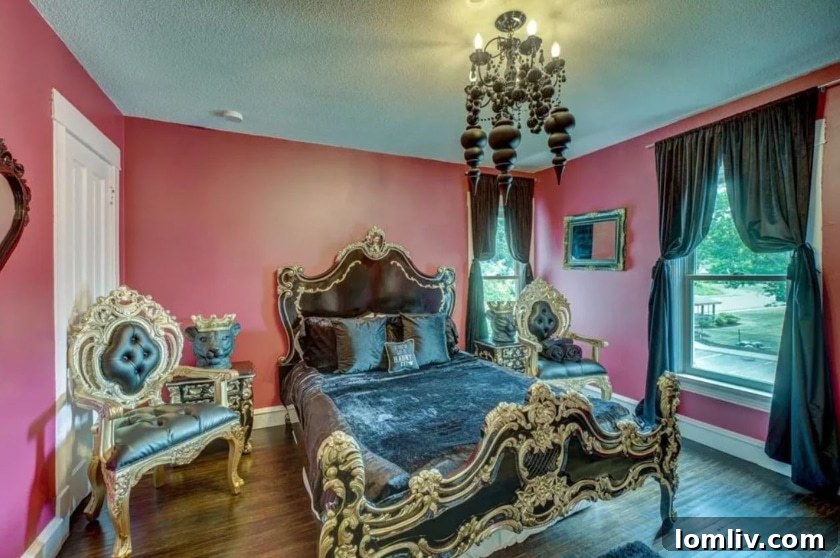 Wisconsin's One-of-a-Kind Pepto Pink Goth Barbie Dreamhouse For Sale 18 Vibrantly colored bedroom with unique furnishings