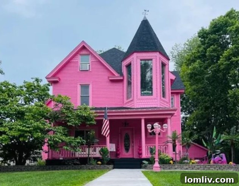 Wisconsin's One-of-a-Kind Pepto Pink Goth Barbie Dreamhouse For Sale 4 Front view of the unique pink Goth Barbie Dreamhouse