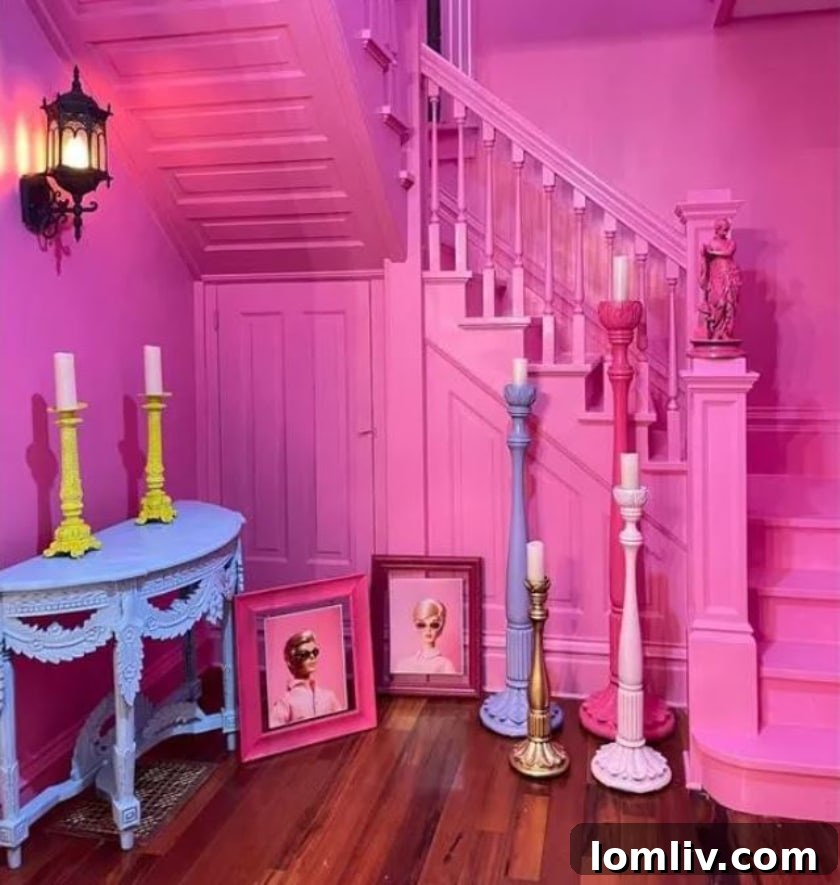 Wisconsin's One-of-a-Kind Pepto Pink Goth Barbie Dreamhouse For Sale 5 Interior view of Goth Barbie Dreamhouse with unique decor