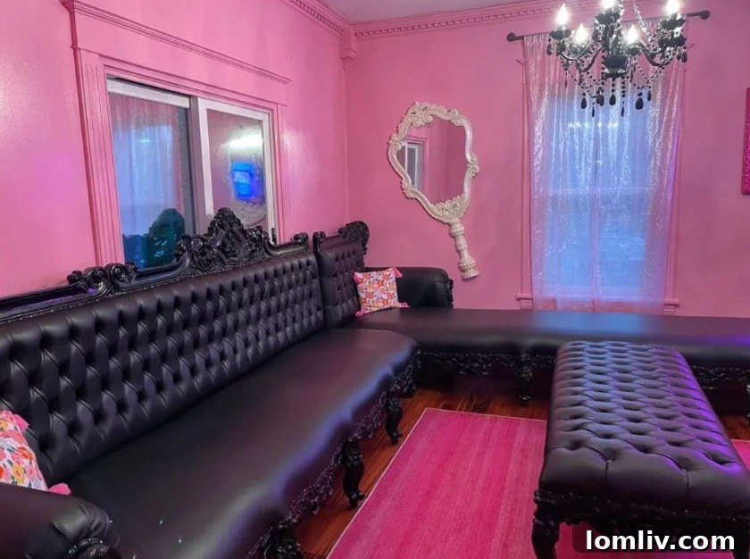 Wisconsin's One-of-a-Kind Pepto Pink Goth Barbie Dreamhouse For Sale 6 Goth Barbie living room with Playboy bunny and carousel horse