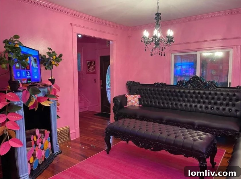 Wisconsin's One-of-a-Kind Pepto Pink Goth Barbie Dreamhouse For Sale 8 Goth Barbie Dreamhouse living area with dramatic chandelier