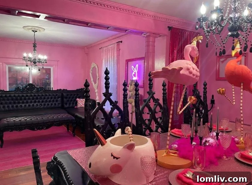 Wisconsin's One-of-a-Kind Pepto Pink Goth Barbie Dreamhouse For Sale 10 Close-up of flamingo table decor in the Goth Barbie Dreamhouse