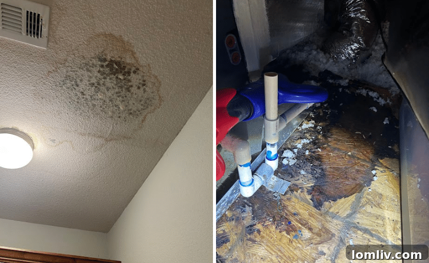 An AC unit with visible water damage and staining, indicating a leak.