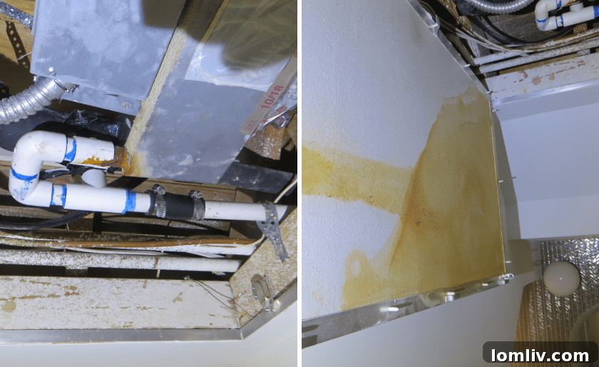 A pancake-style air conditioner showing signs of significant rust and water damage.