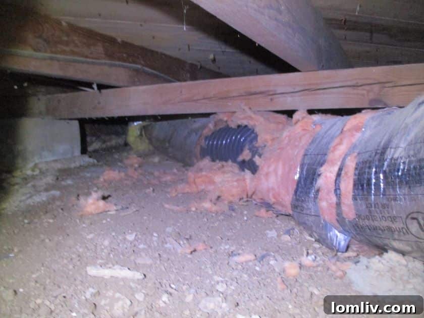 Damaged and deteriorating flexible ductwork installed in an unsuitable environment.