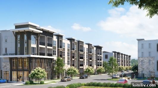 A stunning rendering of the Lofts iThirty apartment complex, showcasing its modern architectural design and lush landscaping.