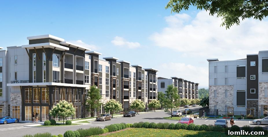 A vibrant rendering illustrating the outdoor community spaces and recreational facilities at Lofts iThirty.