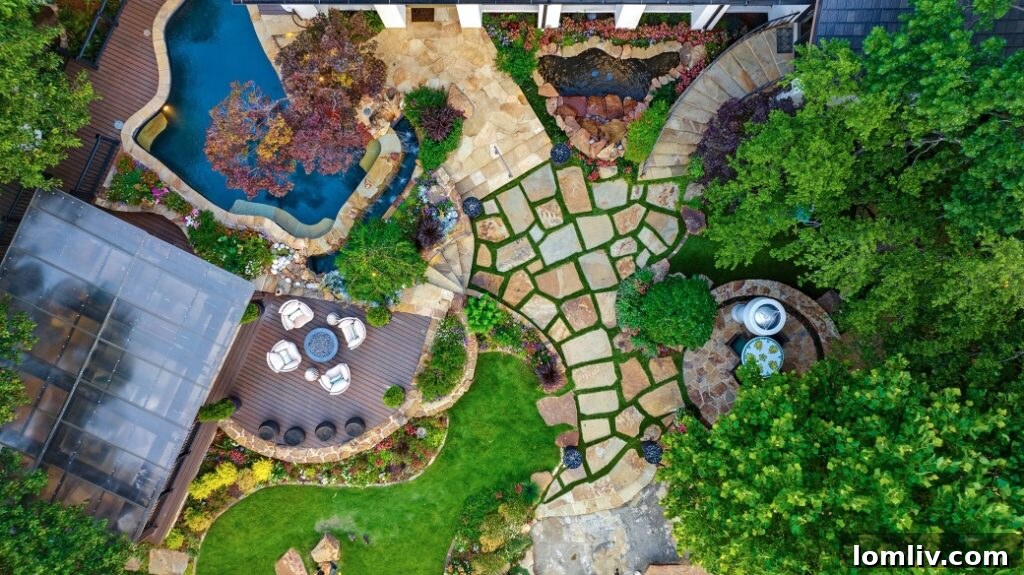 Elegant modern patio with comfortable outdoor furniture, a fire pit, and professional landscaping, perfect for relaxation