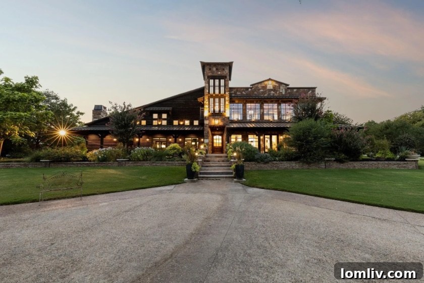 Expansive Argyle luxury retreat exterior with lush landscaping and elegant facade