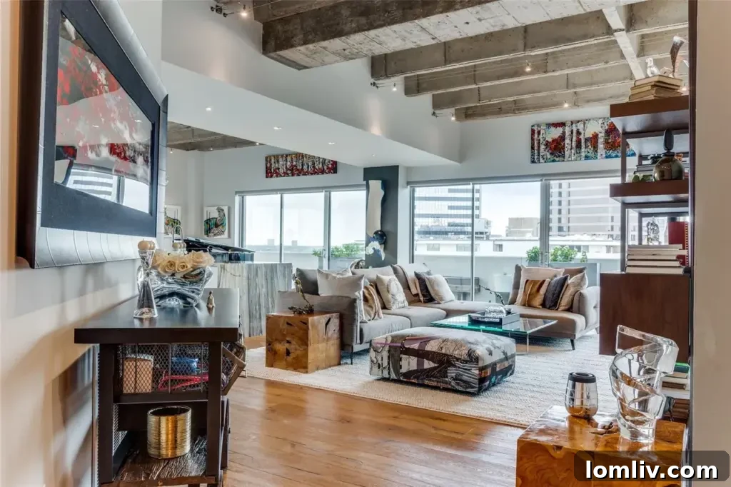 Modern Condo Interior with Exposed Concrete Beams