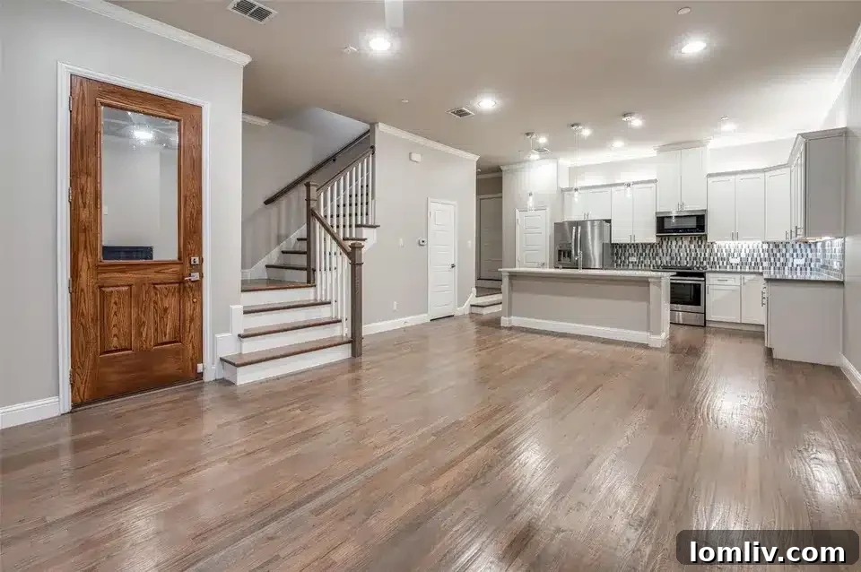 Contemporary Open-Concept Living and Dining Area with Fireplace