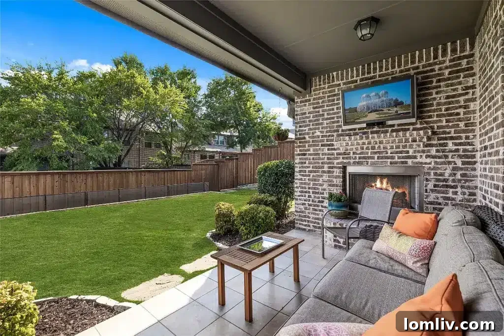 Covered patio with fireplace and outdoor entertainment center overlooking a pristine backyard