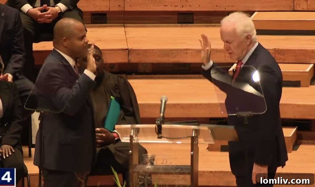 U.S. Senator John Cornyn administering the oath of office to Mayor Eric Johnson at his inauguration.