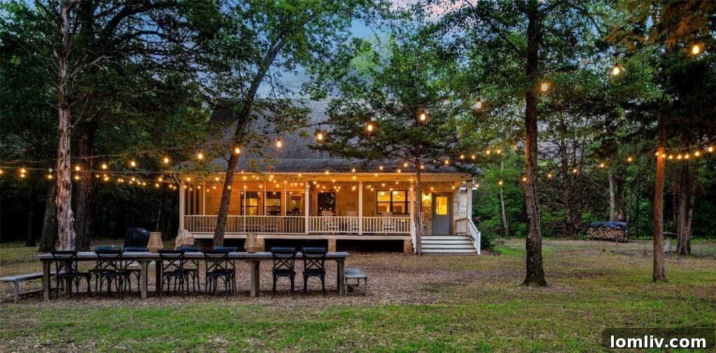 Custom Outdoor Dining Table Under Twinkling Lights on Wills Point Estate