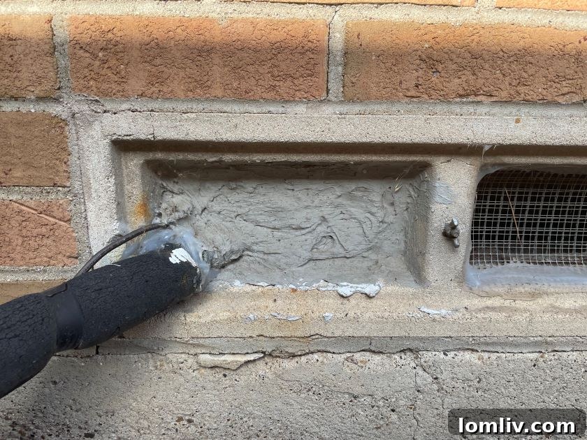 Crawlspace vent sealed with excessive caulk