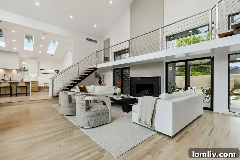Bright and airy main living area with a stone fireplace and abundant natural light.