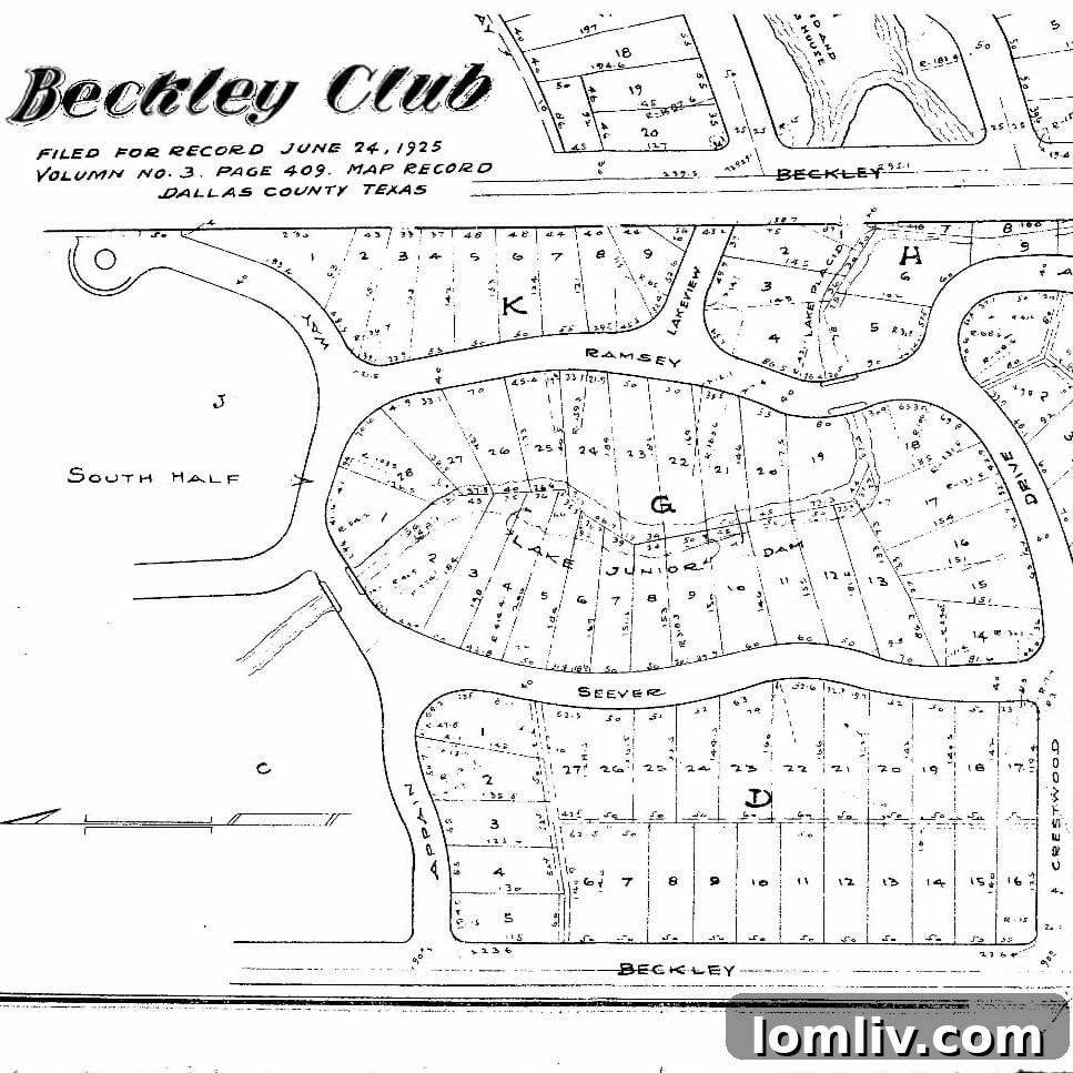 Historic map detailing the original layout and lakeside development around Lake Junior in Beckley Club Estates.