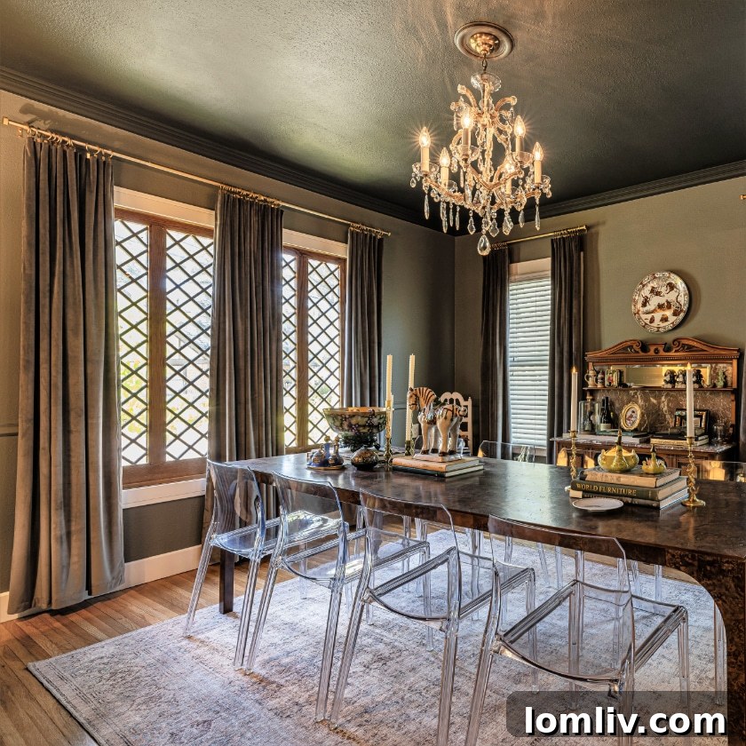 Distinctive harlequin pattern windows providing picturesque views and enhancing the interior and exterior of a historic Beckley Club Estates home.