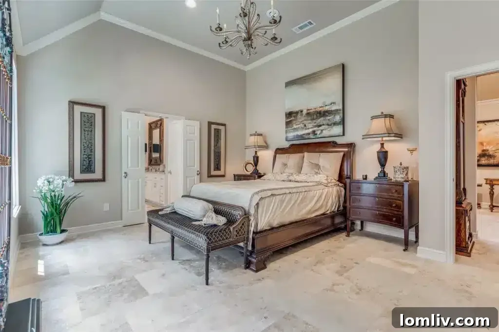 A serene bedroom showcasing tasteful decor, ample natural light, and elegant window treatments, suggesting comfort and tranquility.