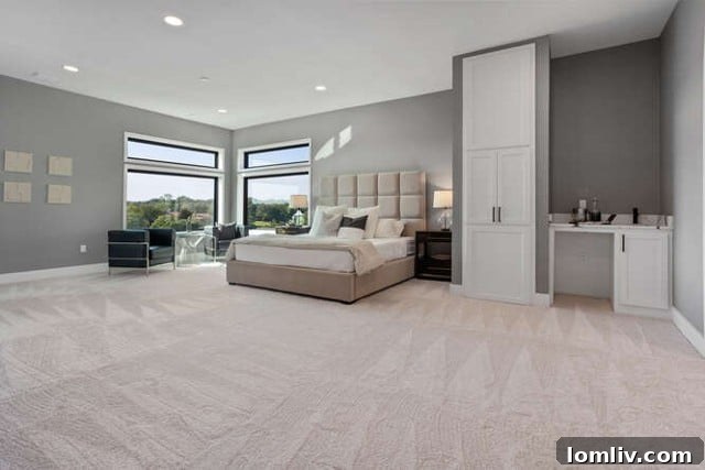 Luxurious primary bedroom suite with a built-in coffee bar, large windows offering golf course views, and elegant finishes
