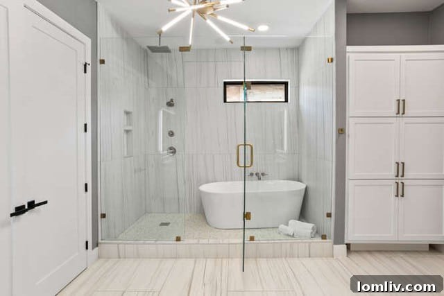 Elegant freestanding bathtub in a luxurious primary bathroom, offering a serene spa-like experience
