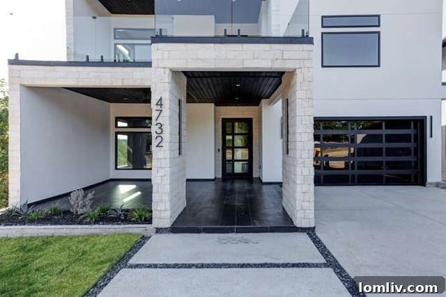 Sophisticated exterior of a Texas Modern luxury home, showcasing diverse materials and contemporary design