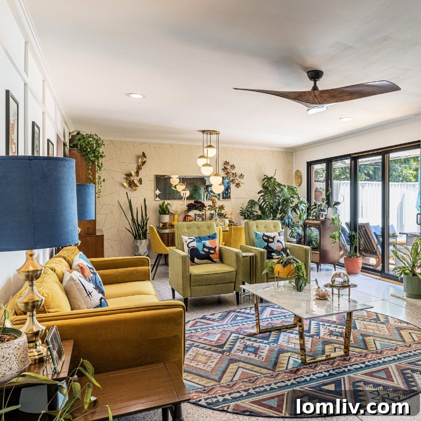A vibrant interior filled with lush plants and natural light, creating a harmonious ecosystem for the soul within a mid-century modern setting.