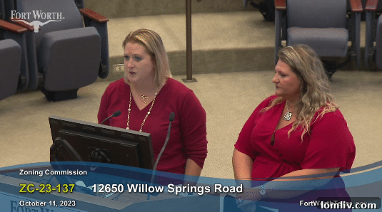 Chelsea Faxon and Callie Jones addressing the Fort Worth Zoning Commission