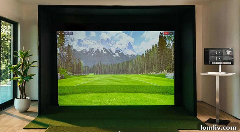Elevated Living: Rooftop Terraces, Golf Simulators, and Walk-In Pantries Lead Home Trends 4 High-tech indoor golf simulator displaying a virtual golf course on a large, immersive screen, with a golf club and ball ready for play.