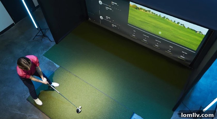 Elevated Living: Rooftop Terraces, Golf Simulators, and Walk-In Pantries Lead Home Trends 5 Modern indoor golf simulator setup in a dedicated room, showcasing a projector screen, hitting mat, and high-quality golf equipment.