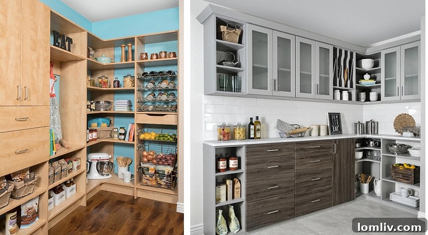Elevated Living: Rooftop Terraces, Golf Simulators, and Walk-In Pantries Lead Home Trends 6 Organized walk-in kitchen pantry with custom shelving, clear storage containers, and labeled baskets for efficient food and appliance storage.