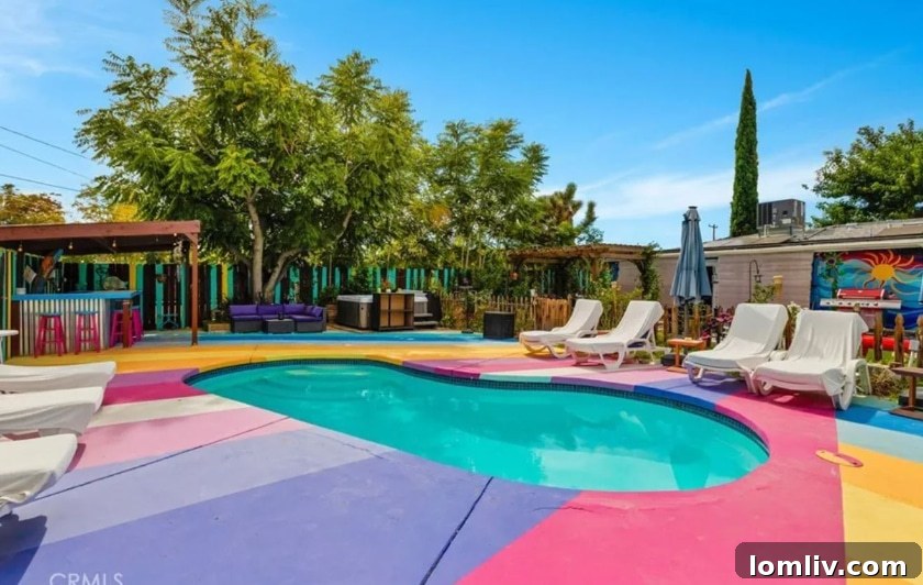 California's Vibrant Embrace: A Home That Feeds the Soul 5 Relaxing poolside view with colorful chairs under California sun, soul-refreshing