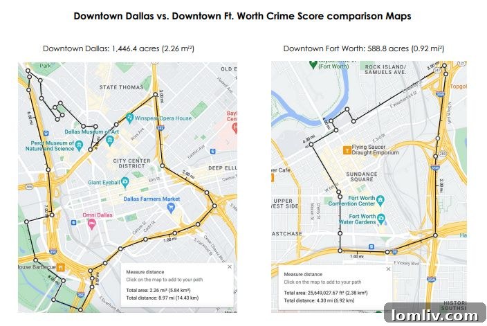 Geographic map showing downtown boundaries for crime data comparison