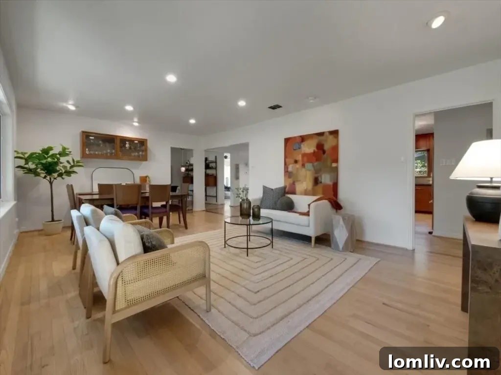 Expansive view of the open concept living and dining area, showcasing the seamless flow and premium hardwood floors.