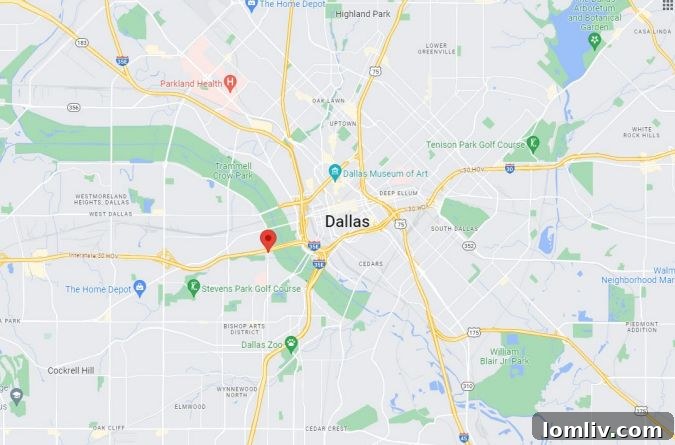 Map showing the location of Banyan Flats in relation to the Bishop Arts District and surrounding areas in Oak Cliff, Dallas.