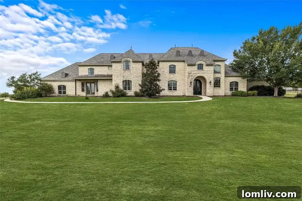 The 7,700-Square-Foot Celina Palace: Where Grandeur Reigns 2 A grand stone manor with lush landscaping, reminiscent of European estates, nestled in the North Texas countryside.
