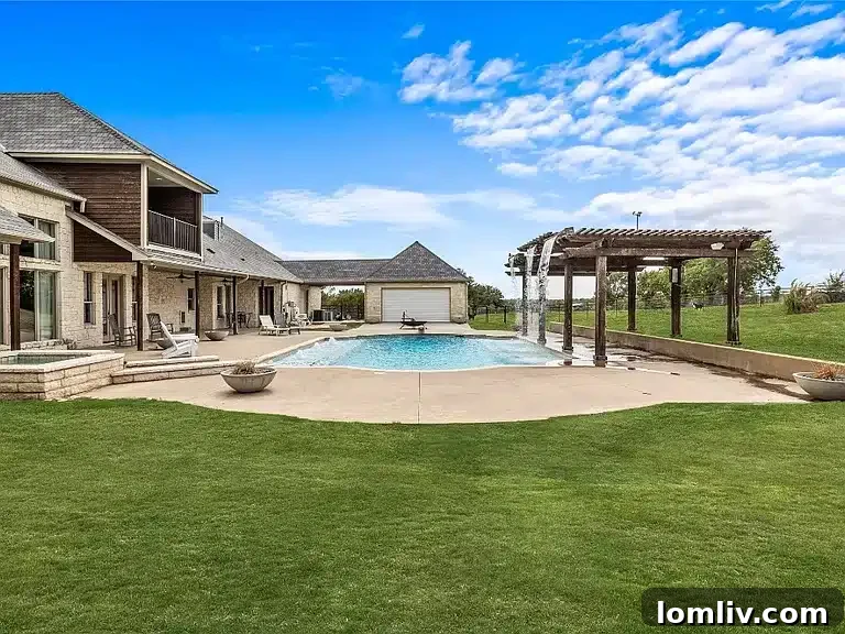 The 7,700-Square-Foot Celina Palace: Where Grandeur Reigns 15 A stunning resort-style backyard with an elegant swimming pool, diving board, cascading fountains, and an adjacent pergola for outdoor living.