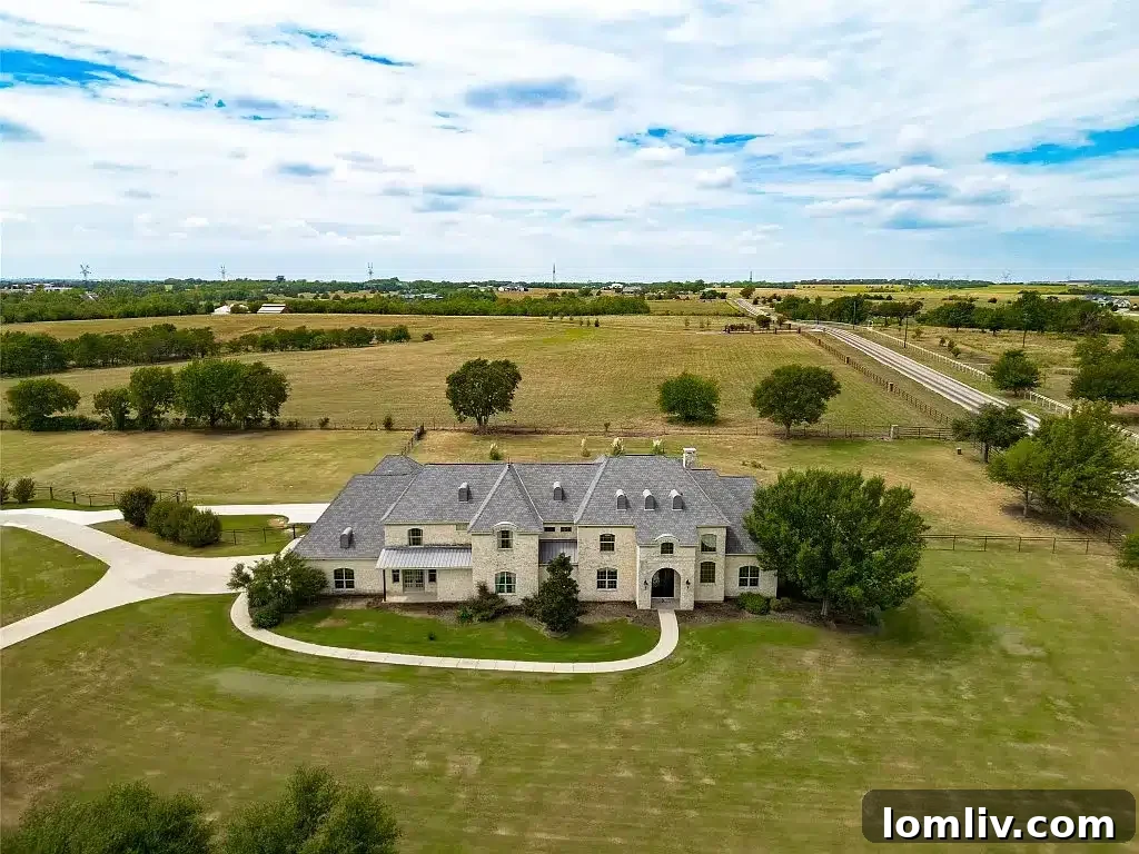 The 7,700-Square-Foot Celina Palace: Where Grandeur Reigns 3 An aerial view showcasing the sprawling stone mansion and its extensive grounds under a clear blue sky, highlighting the vastness of the property.