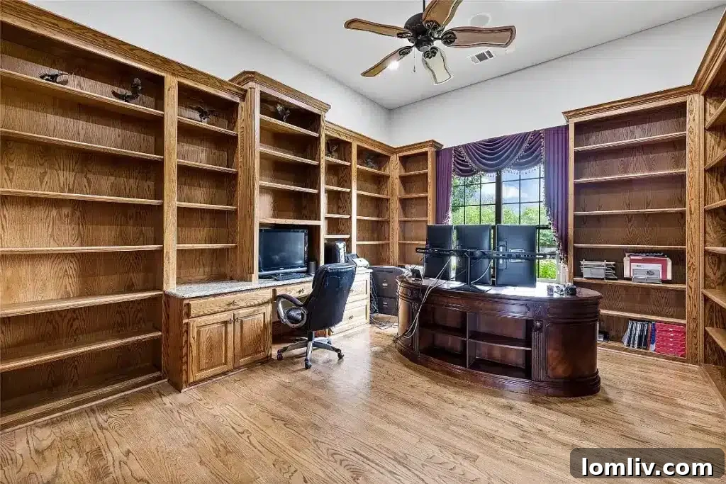 The 7,700-Square-Foot Celina Palace: Where Grandeur Reigns 8 A well-appointed home office featuring custom built-ins, ample desk space, and large windows offering inspiring views.