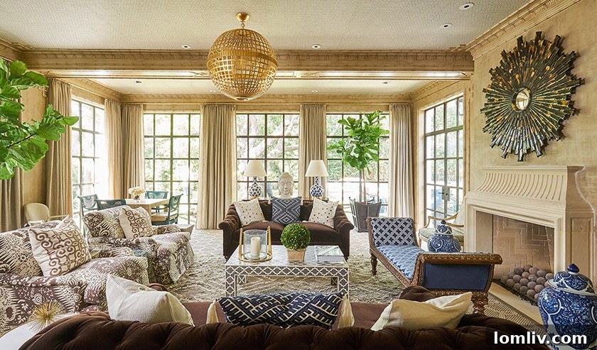 Unlocking Kips Bay 2023 Two Creative Visions from the Show House 8 A sophisticated Highland Park living room designed by Kirsten Kelli, showcasing an eclectic mix of patterns, textures, and curated art.